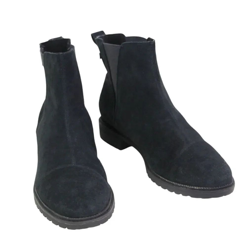 TOMS BLACK GENUINE LEATHER SUEDE ELASTIC LOW HEEL ROUND TOE ANKLE BOOTS Sz 10/42